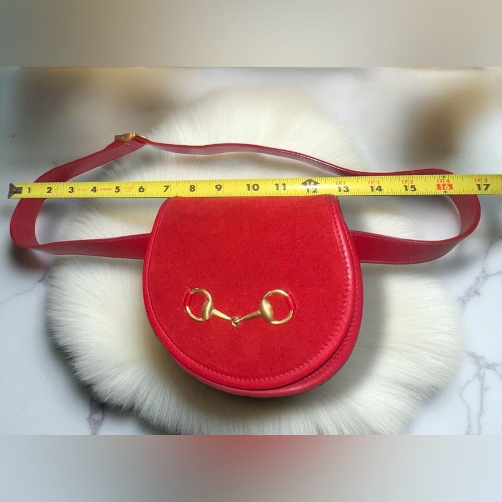 Gucci Horsebit Suede Waist Bag Mini Saddle Clutch Leather Red Gold Vintage COA - Picture 12 of 16